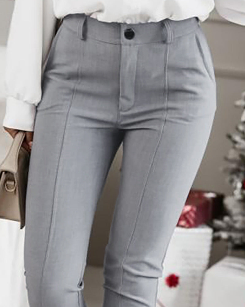 High-Waist Skinny Pants with Ribbed Bottom - Cotton Linen Trousers