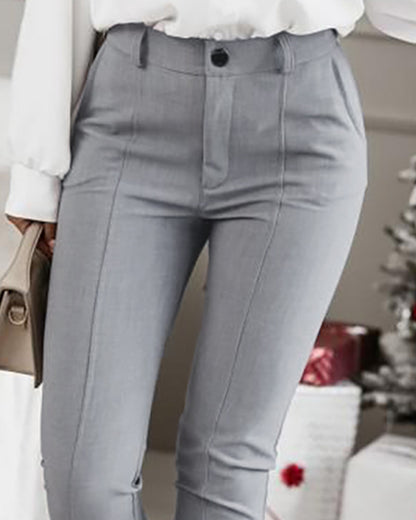 High-Waist Skinny Pants with Ribbed Bottom - Cotton Linen Trousers