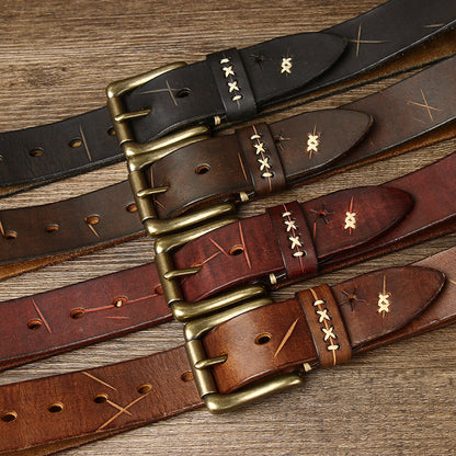 Washed-Out Vintage First Layer Cowhide Leather Belt - Genuine Leather Jeans Belt with Copper Pin Buckle