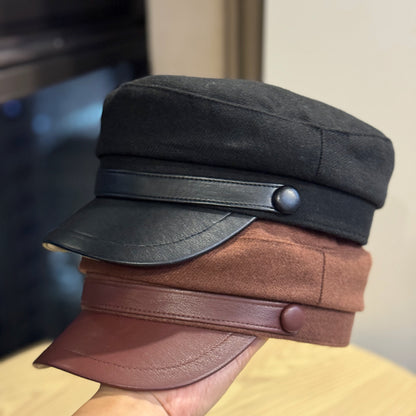 Retro PU Leather Flat-Top Wool Hat - Adjustable Winter Cap