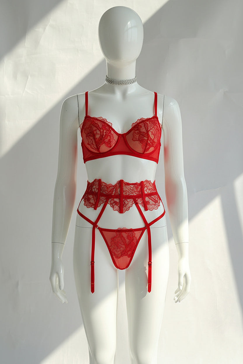 Embroidered Lace Mesh Lingerie Set - Three-Piece Bra and Underwear Collection