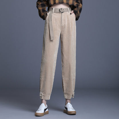 High Waist Cropped Corduroy Trousers - Women's Loose Fit Tooling Pants
