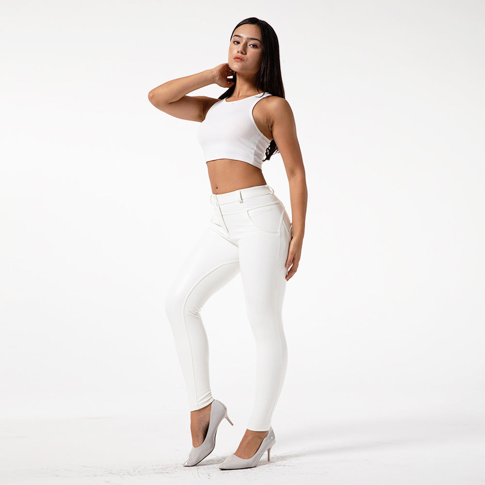 White Fleece-Lined PU Leather Fitness Pants - High-Waist Pencil Leggings