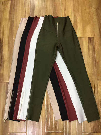 Bandage Stretch Leggings with Zipper Detail - White Fitted Pants