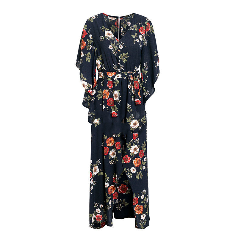 Women's Printed Long Slit Dress - Ruffled Maxi Dress with Irregular Hem