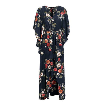 Women's Printed Long Slit Dress - Ruffled Maxi Dress with Irregular Hem