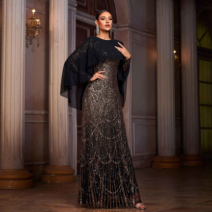 Black & Gold Sequin Long Sleeve A-Line Evening Dress | Shawl Collar Banquet Gown
