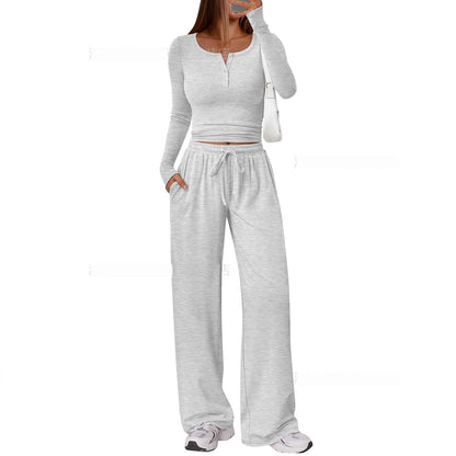 Women's Comfortable Casual Long-Sleeve Wide-Leg Pants Set - Japandi Style Pleated Top with Polyester