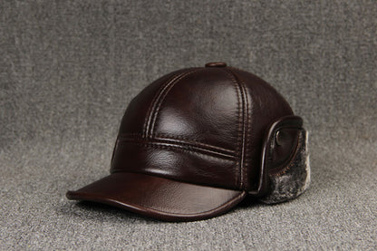Cowhide Leather Hat for Men - Thick Warm Middle Ear Cap with Plain Weave