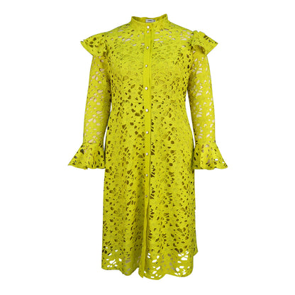 Women's Lace Bell Sleeve A-Line Midi Dress | Half Turtleneck Hollow-Out Cardigan