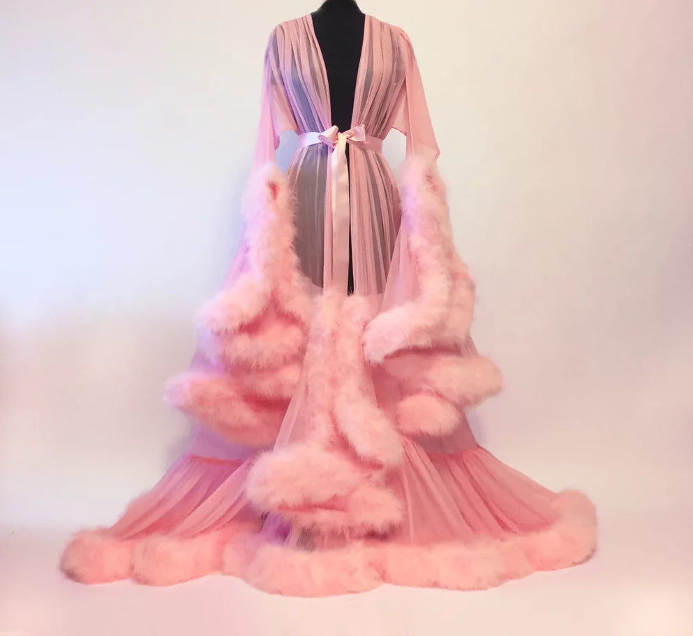 Women's Long Sleeve Robe - Sheer Mesh Nightgown with Fur Trim