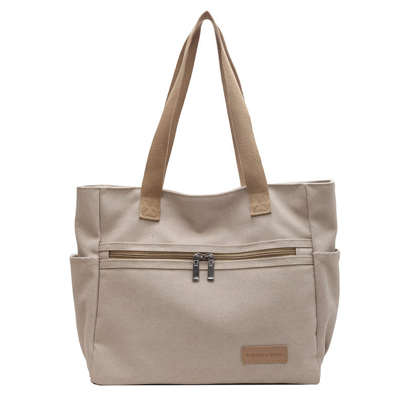 Canvas Tote Bag - Contrast Color Shoulder Handbag with Pockets