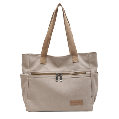 Canvas Tote Bag - Contrast Color Shoulder Handbag with Pockets