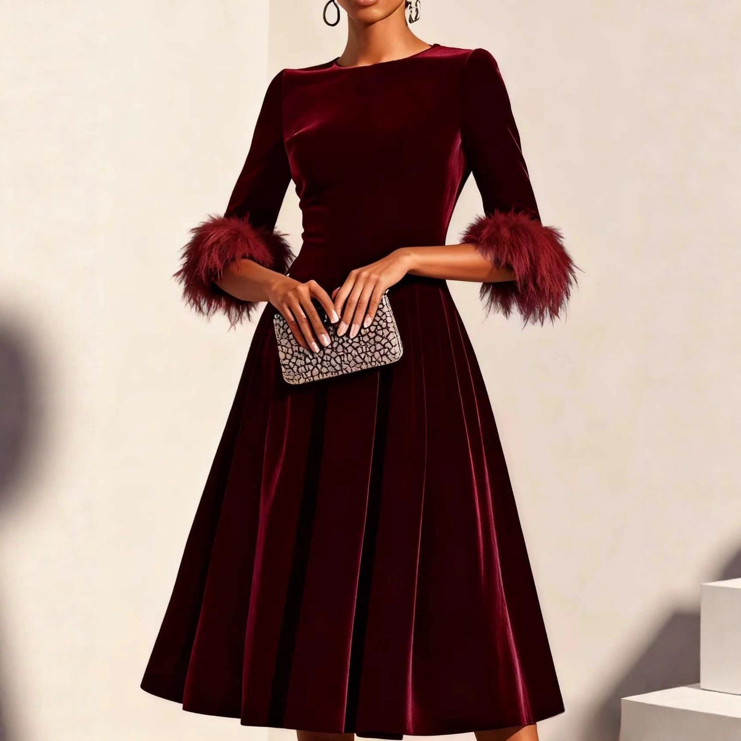 Women's Elegant Round-Neck Velvet Dress - Mid-Length Three-Quarter Sleeve