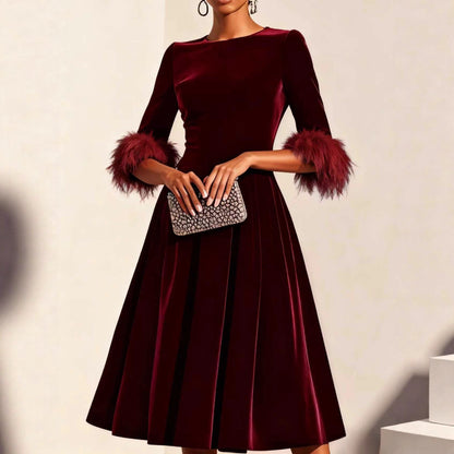 Women's Elegant Round-Neck Velvet Dress - Mid-Length Three-Quarter Sleeve