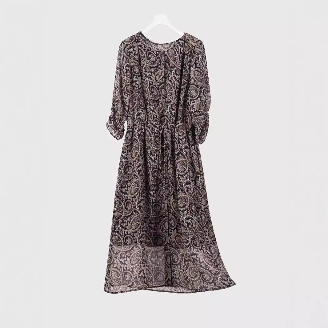Women's Autumn Botanical Print Silk Dress - 100% Silk with Paisley Pattern and Round Neckline
