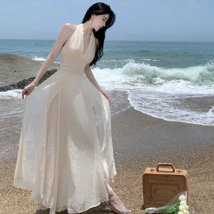 Women's Sleeveless V-Neck Halter Dress - Cinched Waist Pleated Maxi Dress