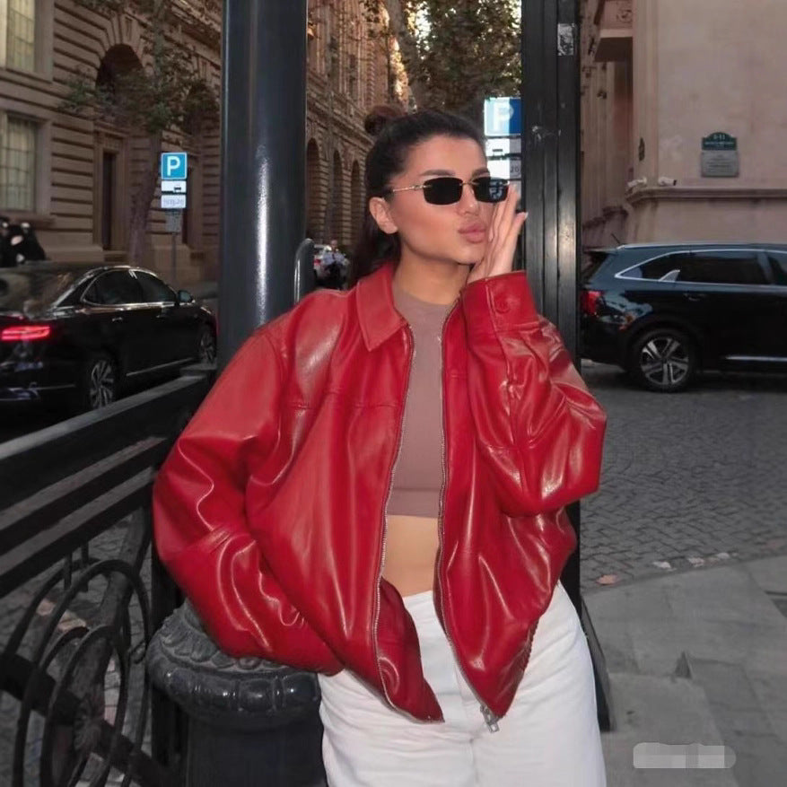 Women's Versatile Faux-Leather Bomber Jacket - Long Sleeve PU Jacket