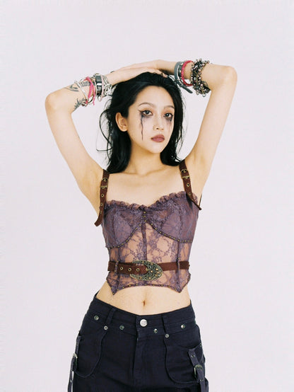 Women's Denim Lace Stitching Rivet Top with Belt - Slim Fit Crop Blouse