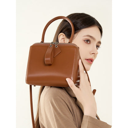 Women's Versatile Cowhide Leather Handbag with Open Grain Texture