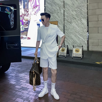 Men's Solid Color Short Sleeve Shirt & Shorts Set - Premium Two-Piece Summer Suit