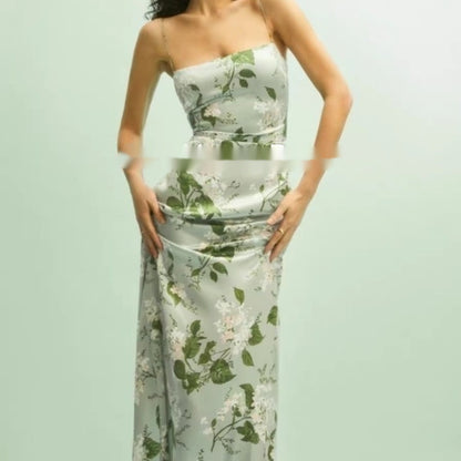 Women's Floral Print Silk Sleeveless Maxi Dress - Split Slit Waist Tie Dress