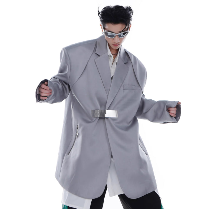 Ice Silk Padded Shoulder Suit Jacket - Zipper Stitching Detail