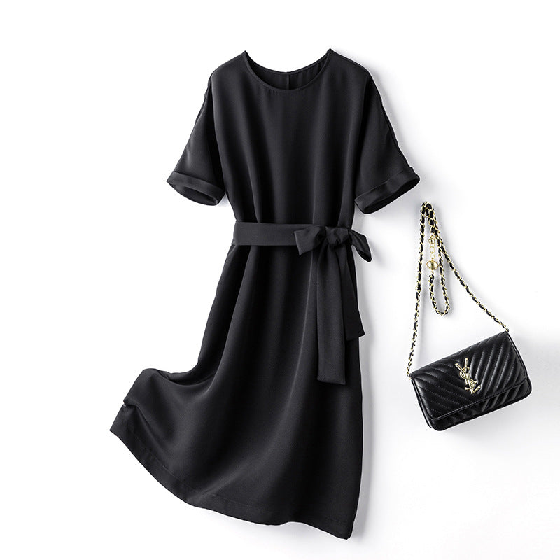 Heavyweight Silk Lace-Up Dress - V-neck Short Sleeve Midi Dress