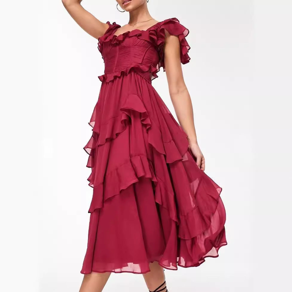 Women's Summer Ruffled Short-Sleeve Backless Square Neck Maxi Dress