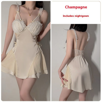 Women's Satin Lace Nightdress - Smooth Polyester Sleepwear with Deep V Neckline