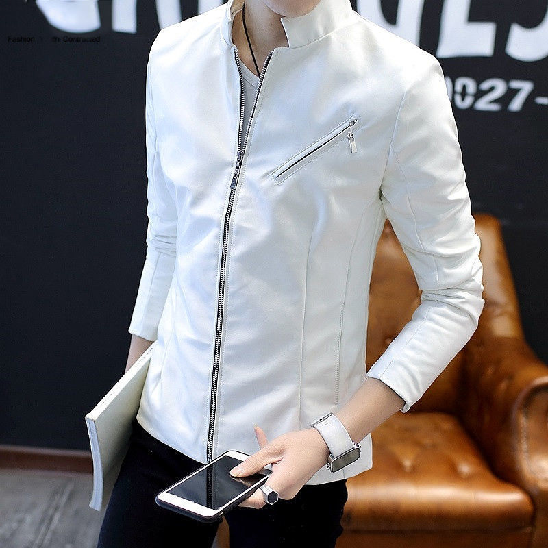 Men's Genuine Leather Stand Collar Jacket - Korean Style Youth Biker Coat