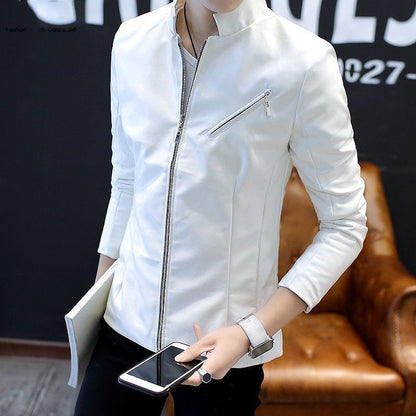 Men's Genuine Leather Stand Collar Jacket - Korean Style Youth Biker Coat