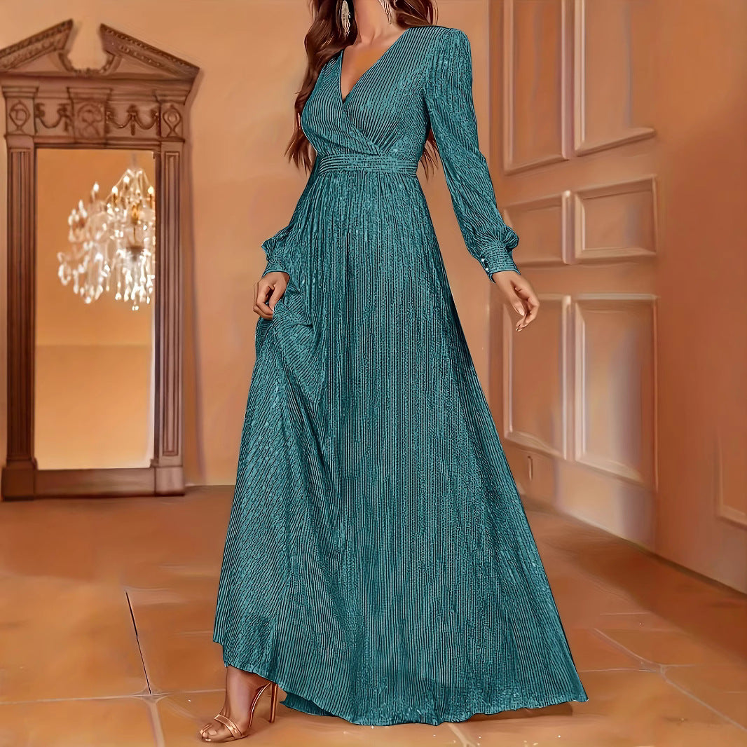 Sequin Long Sleeve V-Neck High Waist Evening Dress | Elegant Dinner Gown