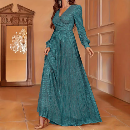 Sequin Long Sleeve V-Neck High Waist Evening Dress | Elegant Dinner Gown