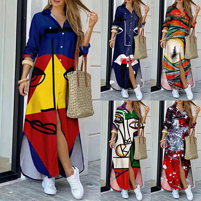 Women's Fashion Long Sleeve Printed Maxi Dress - Irregular Hem Single-Breasted Dress