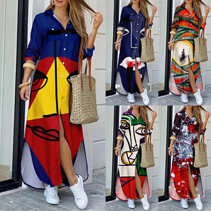 Women's Fashion Long Sleeve Printed Maxi Dress - Irregular Hem Single-Breasted Dress
