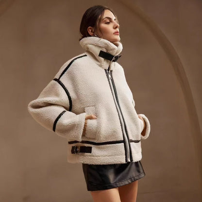 Women's Thickened Lamb-Mohair Leather and Fur Biker Jacket - Regular Fit with Fur Collar