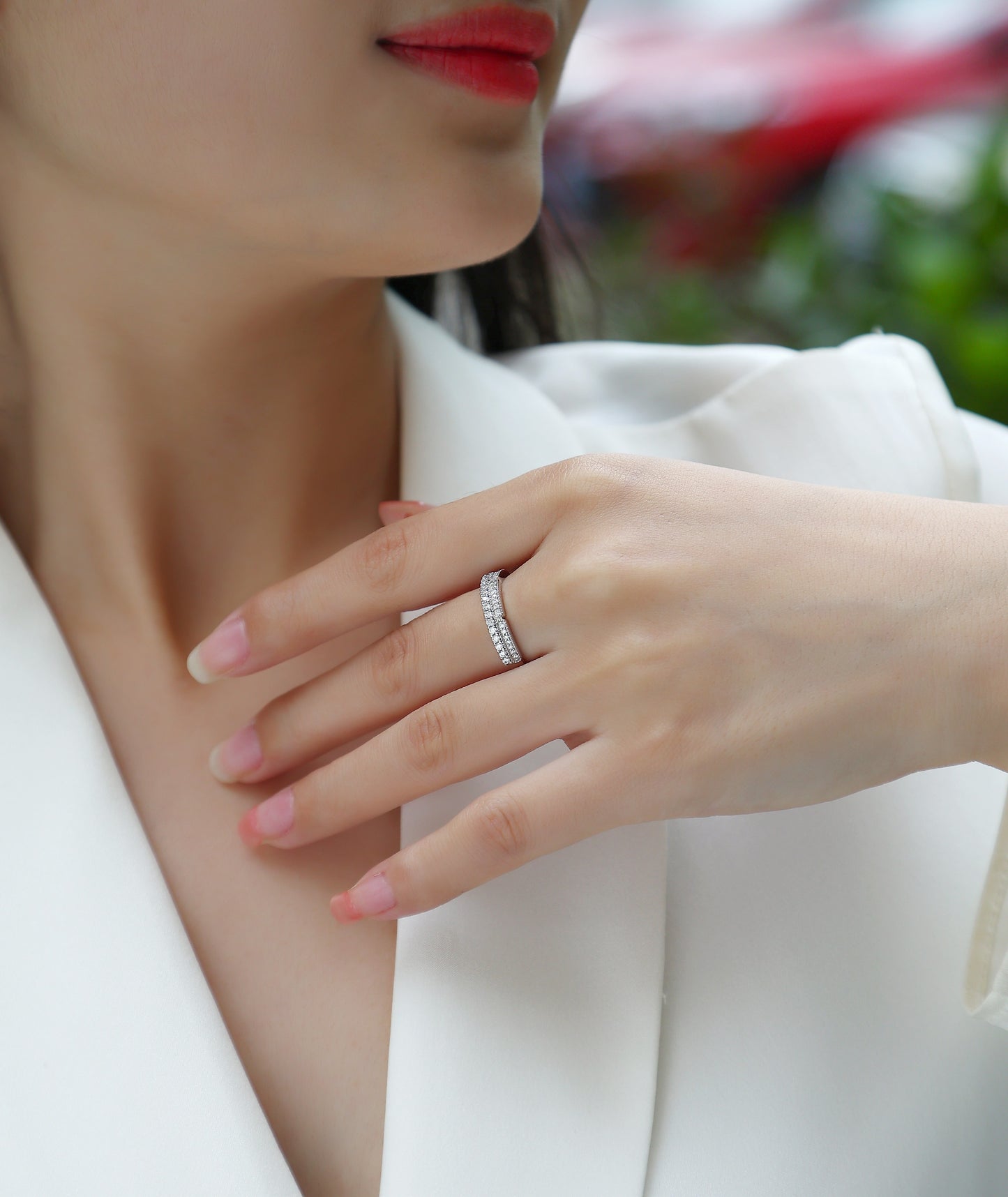 Moissanite Sterling Silver Ring - Platinum Plated Wedding Band