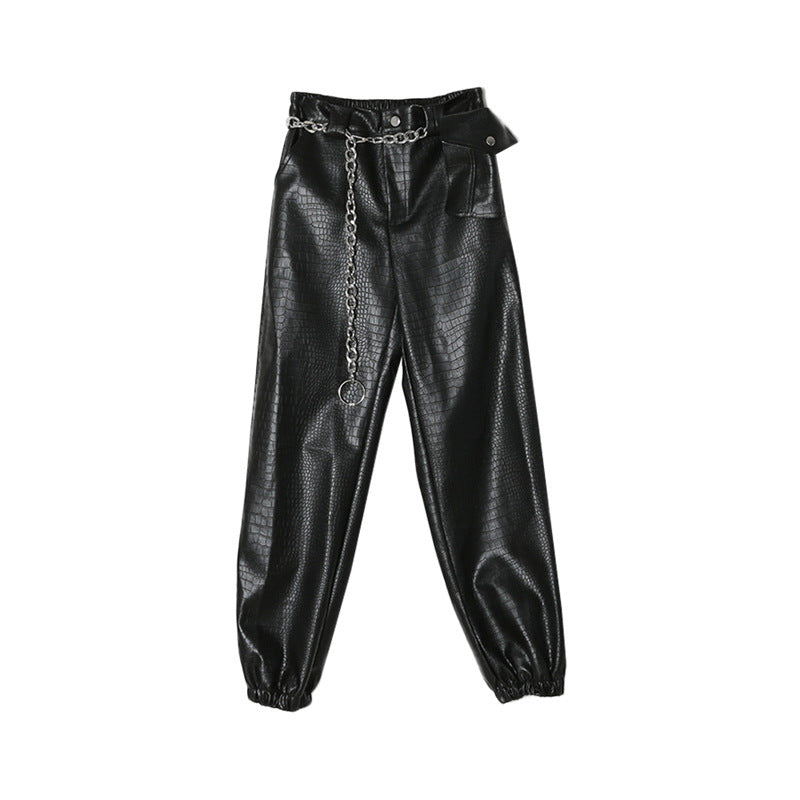 Black Textured Faux Leather Overalls - Urban Casual Pants for Women
