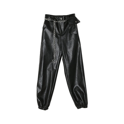 Black Textured Faux Leather Overalls - Urban Casual Pants for Women