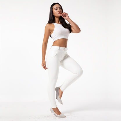 White Fleece-Lined PU Leather Fitness Pants - High-Waist Pencil Leggings