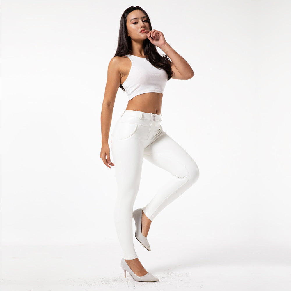 White Fleece-Lined PU Leather Fitness Pants - High-Waist Pencil Leggings
