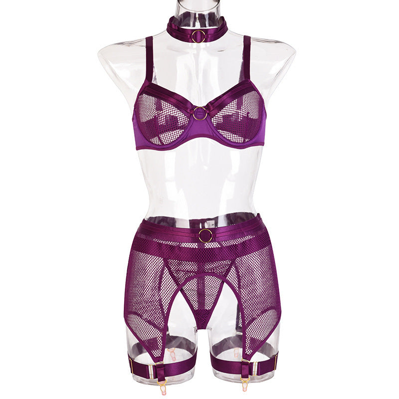 Women's Mesh Lingerie Set with Metal Chain Accents - Four-Piece Collection