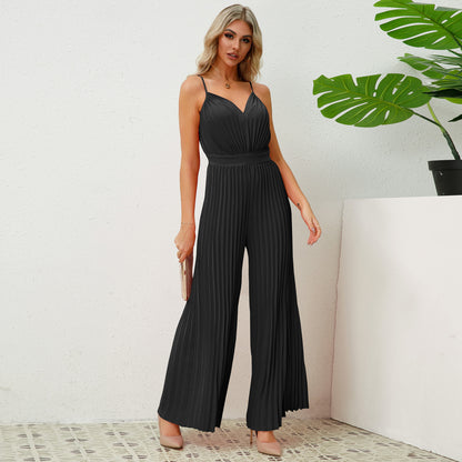 V-Neck Pleated Jumpsuit - Loose Fit Suspender Wide Leg Pants