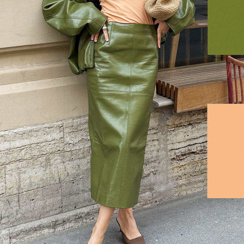 Premium PU Leather Midi Skirt with Slit Detail - Straight Silhouette