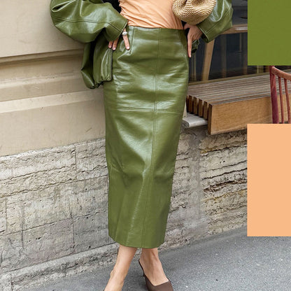 Premium PU Leather Midi Skirt with Slit Detail - Straight Silhouette