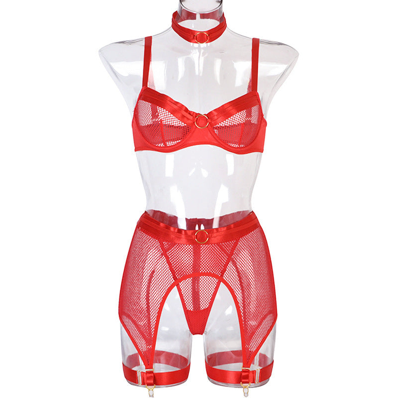 Women's Mesh Lingerie Set with Metal Chain Accents - Four-Piece Collection