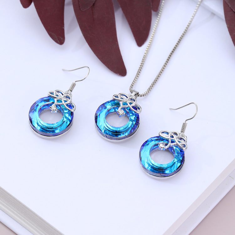 Crystal Necklace and Earrings Set - Gold-Plated Geometric Jewelry with Water Wave Chain