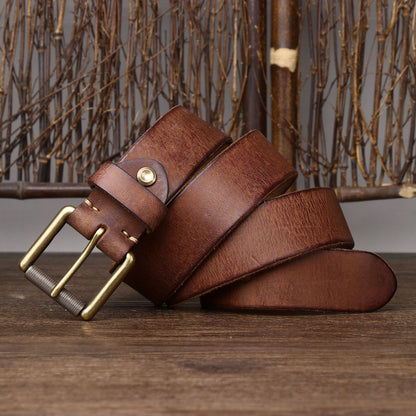Handmade 4CM Wide First Layer Cowhide Leather Belt - Thickened Genuine Leather with Copper Buckle