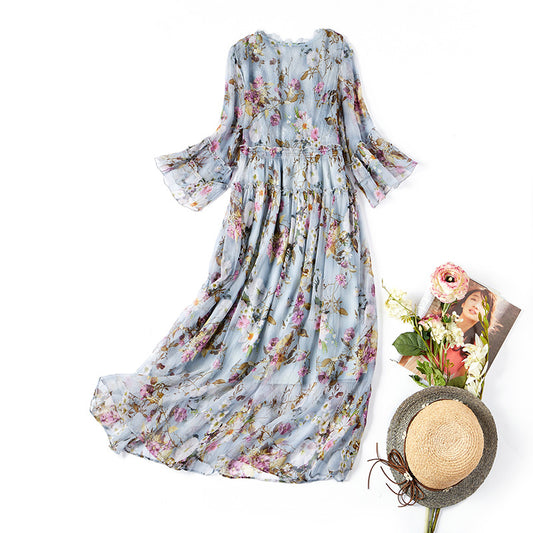 Premium Mulberry Silk Midi Dress - Lace V-Neck with Lotus Leaf Sleeves